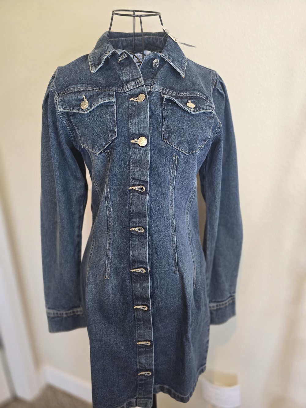 Miss Selfridge Dark Blue Denim Button-Front Long Sleeve Dress